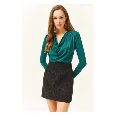 Olalook Women's Emerald Green Waistband Pleated Turndown Collar Blouse