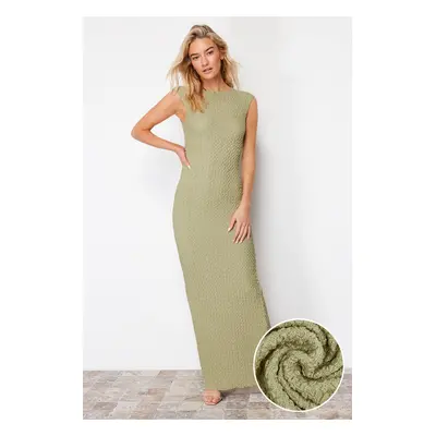 Trendyol Khaki Textured Fabric Fitted Moon Sleeve Stretchy Knitted Midi Pencil Dress