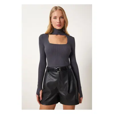 Happiness İstanbul Women's Anthracite Cut Out Detailed Stand Collar Ribbed Knitwear Sweater