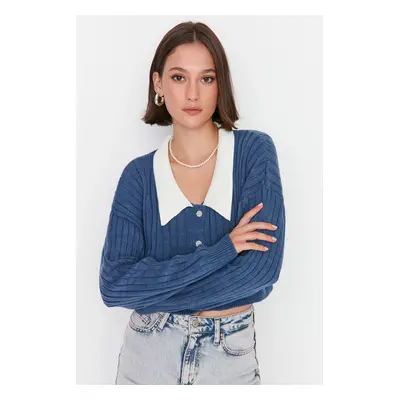 Trendyol Indigo Crop žebrovaný pletený svetr