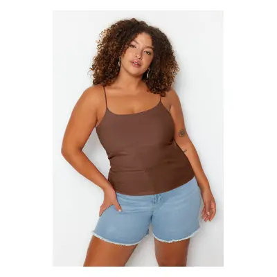 Trendyol Curve Brown Spaghetti Strappy Crop Ribbed Knit Plus Size Blouse