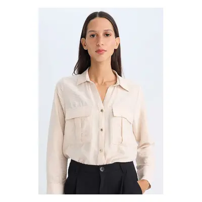 DEFACTO Oversize Shirt Collar Basic Plain Double Pocket Long Sleeve Viscose Shirt