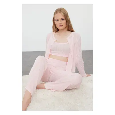 Trendyol Light Pink 3-Pack Pointel Openwork/Hole Rope Strap Knitted Pajama Set