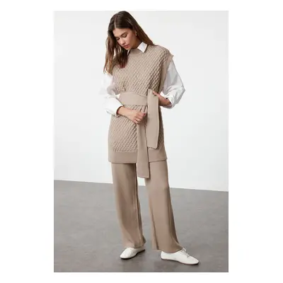 Trendyol Mink Belted Rice Knit Sweater-Pants Knitwear Bottom-Top Set