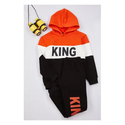 Trendyol Black Boy's Slogan Printed Hooded Knitted Top-Bottom Set