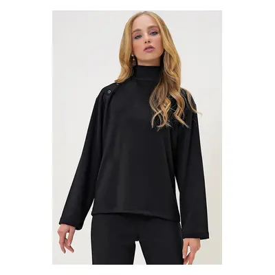 Trend Alaçatı Stili Women's Black Stand Collar Shoulder Snap Yarn Blouse