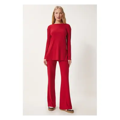 Happiness İstanbul Women's Red Comfortable Ribbed Knitted Blouse Trousers Set