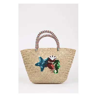 DEFACTO Women's Seashell Patterned Straw Handbag