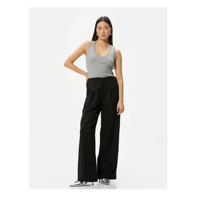 Koton Wide Leg Trousers with Pocket Waist Asymmetrical Button Detail