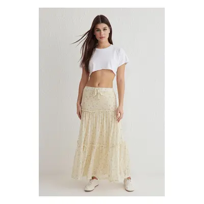 Trendyol Light Yellow Tulle Floral Printed Gathered/Draped Detail Flexible Skirt