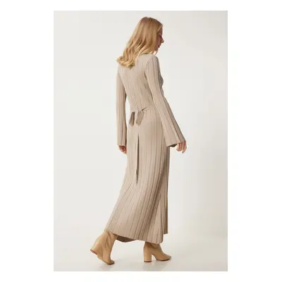 Happiness İstanbul Women's Beige Belted Ribbed Long Knit Dress