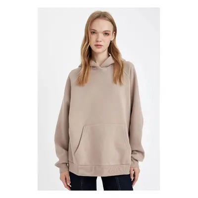 DEFACTO Oversize Wide Pattern Hooded Kangaroo Pocket Thick Basic Plain Sweatshirt