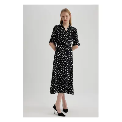 DEFACTO Shirt Collar Patterned Moroccan Half Sleeve Midi Dress