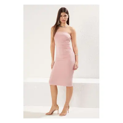 Trendyol Pink Plain Gathered / Draped Midi Fitted / Body-Smoothing Flexible Knit Dress