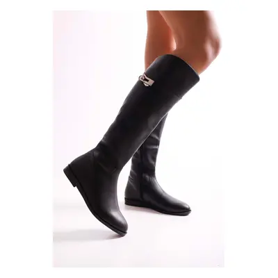 Shoeberry Women's Meroni Black Buckle Boots with Black Skin.