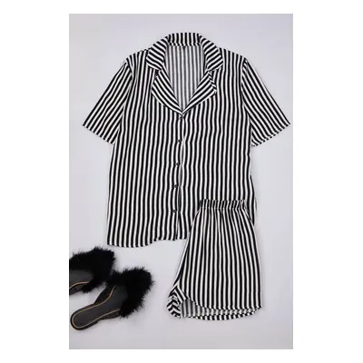 Trendyol Black Striped Viscose Top Wide Pattern Woven Pajama Set