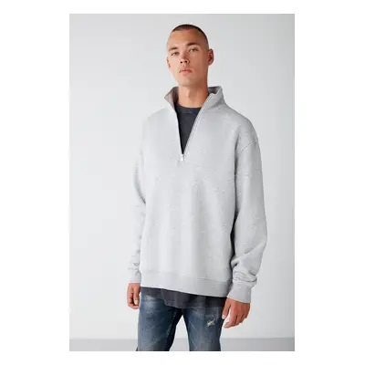 GRIMELANGE Frame Men's Half Zipper Stand Collar Soft Fabric Polar Fleece Regular Grey Melange Sw