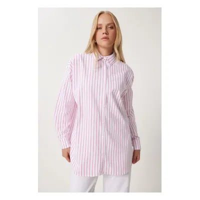 Happiness İstanbul Women's White Pink Striped Oversize Long Woven Shirt