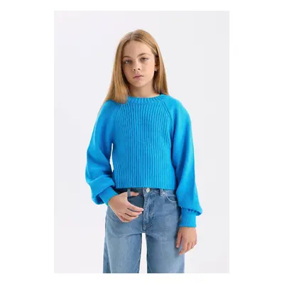 DEFACTO Girl Standard Fit Crew Neck Elastic Sleeve Knitted Sweater