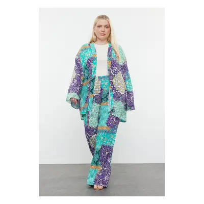 Trendyol Curve Blue Large Size Shawl Pattern Kimono and Wide Leg Viscose Bottom and Top Set