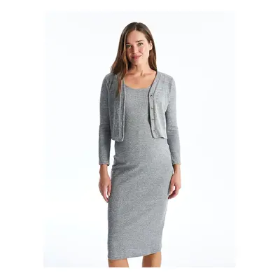 LC Waikiki Gray Melange Crew Neck Women's Dress and Cardigan Set