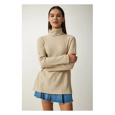 Happiness İstanbul Women's Beige Turtleneck Ribbed Oversize Knitted Blouse