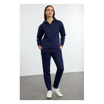 Trendyol Navy Blue Thick Polar Fleece Zippered Stand Collar Jogger Knitted Tracksuit