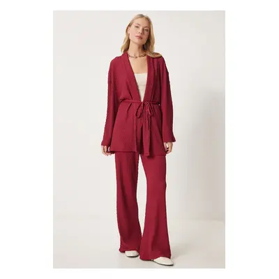 Happiness İstanbul Women's Burgundy Textured Knitted Kimono Trouser Set