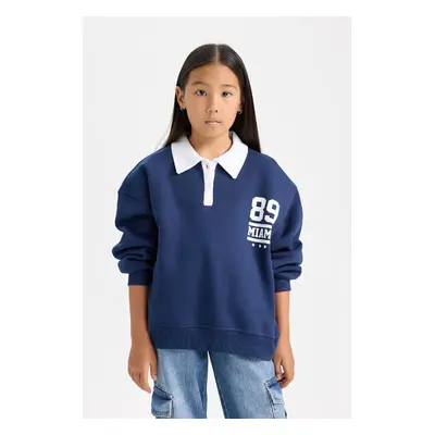 DEFACTO Girl Oversize Wide Pattern Polo Collar Printed Soft Fluffy Thick Sweatshirt