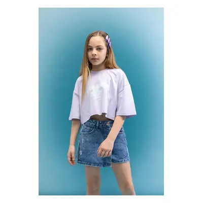 DEFACTO Girls Crew Neck Crop Glow In The Dark Printed Short Sleeve T-Shirt