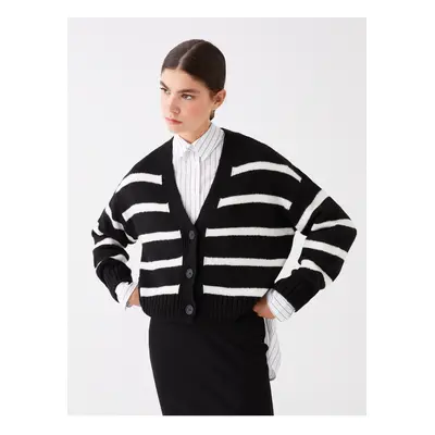 LC Waikiki Women's V-Neck Striped Long Sleeve Oversize Knitwear Cardigan