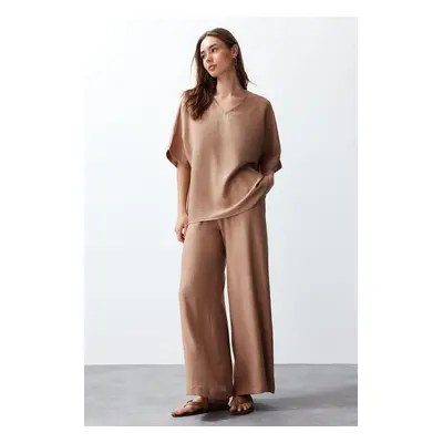 Trendyol Camel V-Neck Woven Blouse-Pants Set