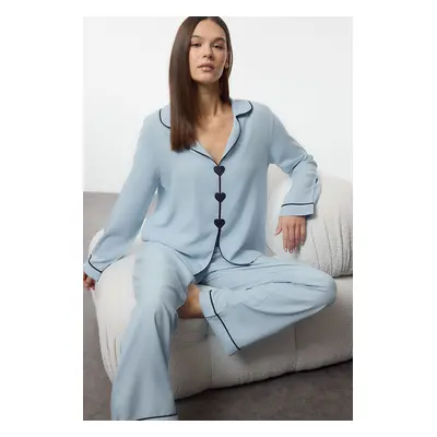 Trendyol Light Blue Heart Ribbed Viscose Woven Pajamas Set