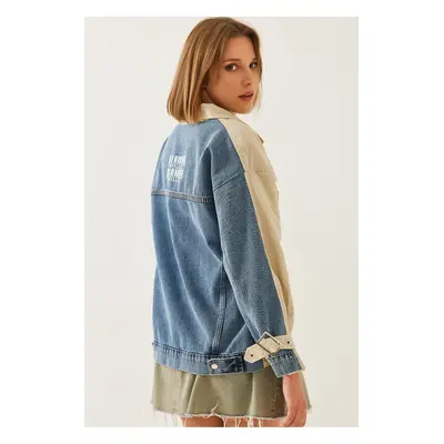 Bianco Lucci Women's Print Detail Garnished Denim Jacket