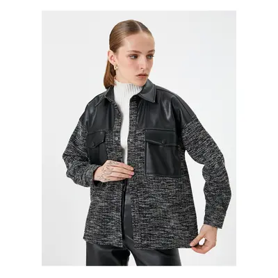 Koton Oversize Tweed Jacket with Faux Leather Detail and Flap Pockets