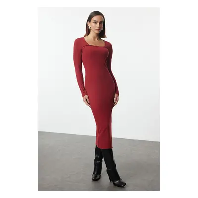 Trendyol Burgundy Ribbed Square Neck Fitted Long Sleeve Slit Midi Dress