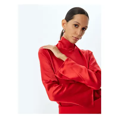 Koton Satin Blouse Asymmetric Stand Collar Draped Detail Long Sleeve