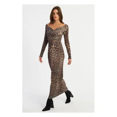 Cool & Sexy Women's Camel-Black Double Breasted Leopard Maxi New Year's Dress LIK11