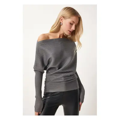 Happiness İstanbul Women's Anthracite Asymmetric Collar Ribbed Sweater