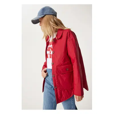 Happiness İstanbul Women's Red Pocket Oversize Quilted Coat