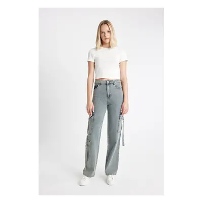 DEFACTO Wide Leg Cargo High Waist Long Soft Jean Washed Trousers