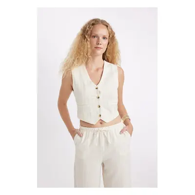 DEFACTO Regular Fit V-Neck Linen Blend Vest