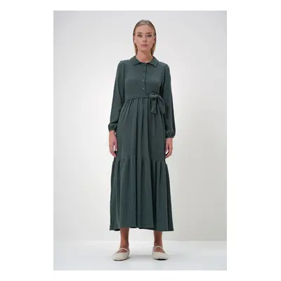 Trend Alaçatı Stili Women's Walnut Green Shirt Collar Button-Down Flounce Skirt Belted Long Dres