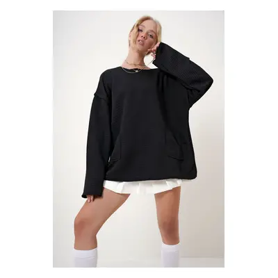 Trend Alaçatı Stili Women's Black Crew Neck Double Pocket Ribbed Oversize Sweater