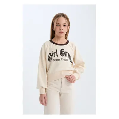 DEFACTO Girl Relax Fit Crew Neck Printed Soft Furry Sweatshirt