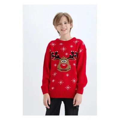 DEFACTO Boy's New Year's Themed Crew Neck Knitted Sweater