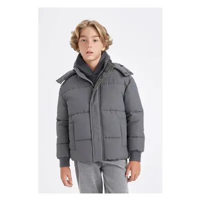 DEFACTO Boy's Water Repellent Hooded Zippered Snap Closure Pocket Puffer Jacket