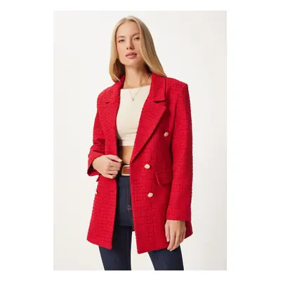 Happiness İstanbul Women's Red Buttoned Blazer Tweed Jacket