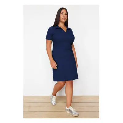 Trendyol Curve Navy Blue Polo Neck Camisole Midi Knitted Plus Size Dress