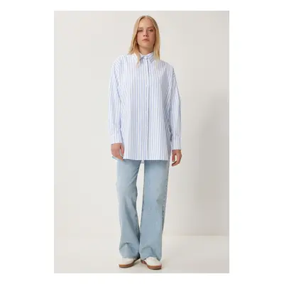 Happiness İstanbul Women's White Blue Striped Oversize Long Woven Shirt